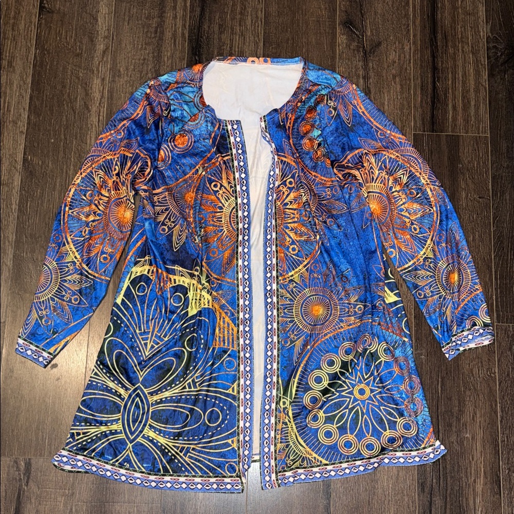 Blue & Orange Boho Print Open Front Jacket | XL Statement Duster